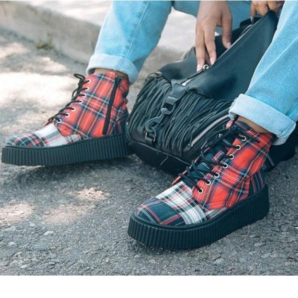 TUK mixed plaid Casbah creeper combat boots - Picture 2 of 11
